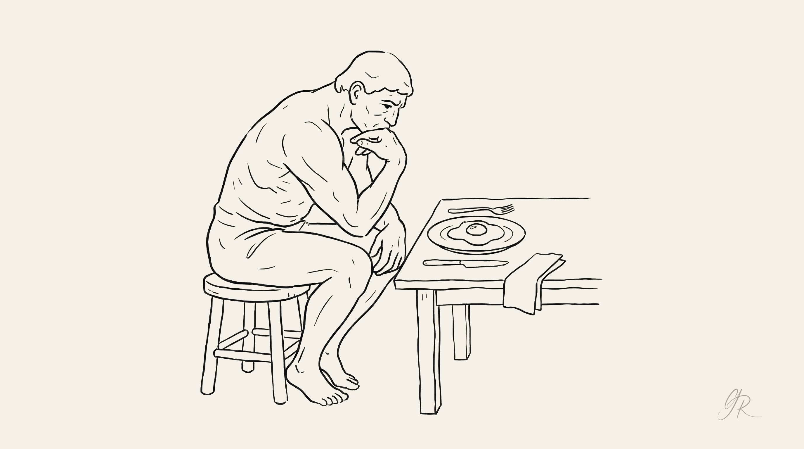 The Thinker contemplating a fried egg
